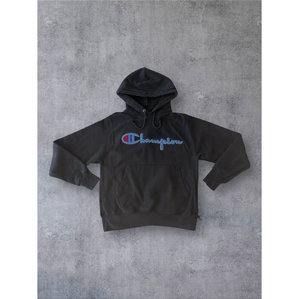 Vtg Champion Reverse Weave Black Hoodie SZ S Spell Out Faded Sweater Destroyed